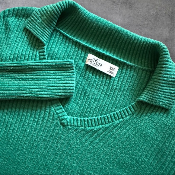 Hollister Ribbed Cropped Y2K Sweater XXS Green V-Neck Long Sleeve Fitted Chic - Picture 4 of 11